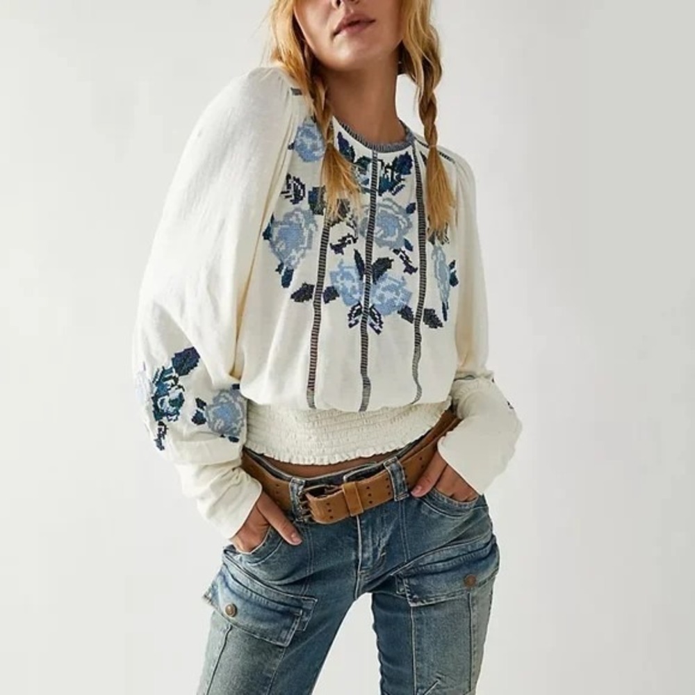 Free People Felicity Top Women's Medium Ivory Floral-Embroidered Blouse NWT $148